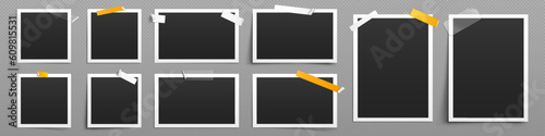 Images collage template with photo frames with sticky tape. Album or gallery mockup with empty paper snapshots with white border isolated on transparent background, vector realistic set