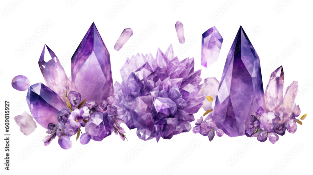 mystical amethyst crystals isolated on a transparent background for