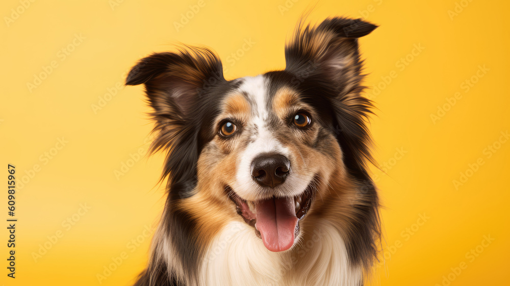 Cute happy dog headshot smiling on a bright vibrant background Cute happy dog headshot smiling on a bright vibrant background