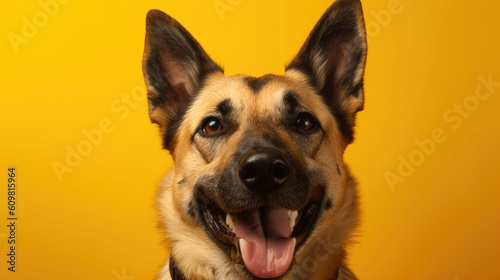 Cute happy dog headshot smiling on a bright vibrant background