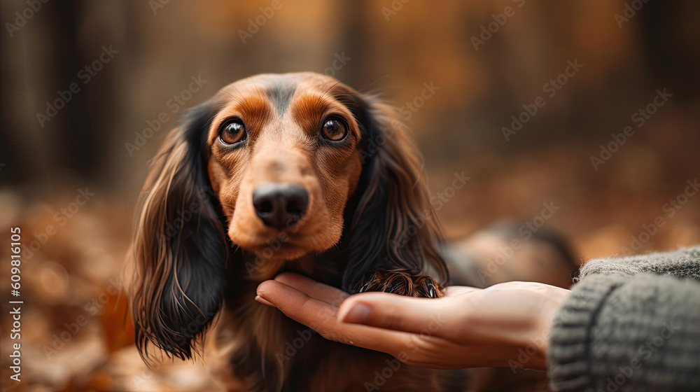 Dachshund Dog with close up woman human hands