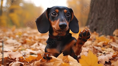 Dachshund lying on leaves and lifts paws up in autumn