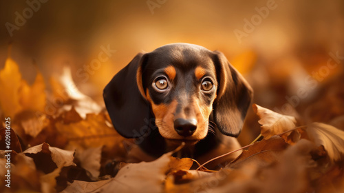 Dachshund puppy in autumn leaves
