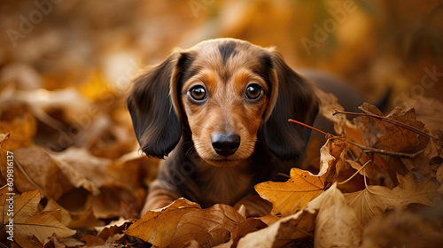 Dachshund puppy in autumn leaves