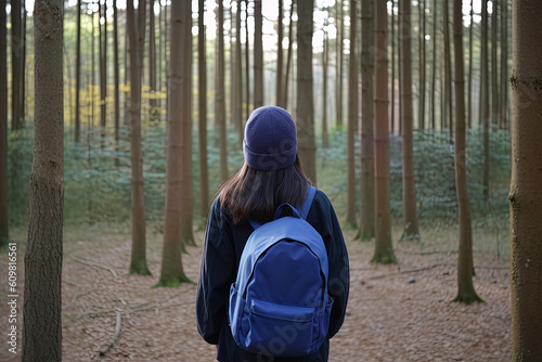 Back view young woman with a backpack standing in the forest. Freedom and nature concept