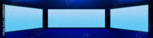 Realistic three LED screens on stage. Vector illustration of large LCD displays with glowing neon blue and white dot lights. Performance background, concert hall, modern theater, night club decoration