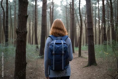 Back view young woman with a backpack standing in the forest. Freedom and nature concept