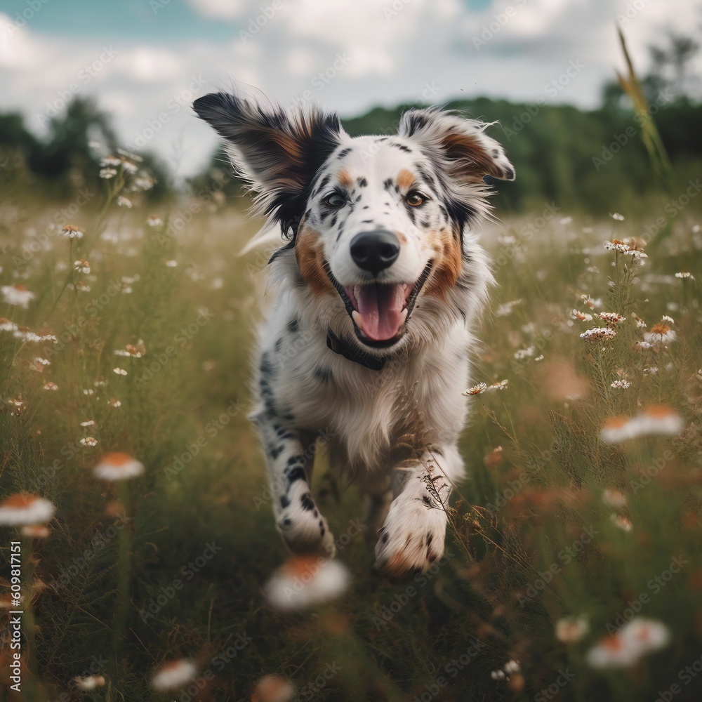 Happy dog running an d jumping through a meadow. generative ai Happy dog running an d jumping through a meadow. generative ai