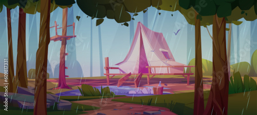 Camp tent in rail forest adventure illustration. Water puddle and droplet weather outdoor nature cartoon vector landscape. Vacation journey campsite scene for glamping on piles or expedition with ax