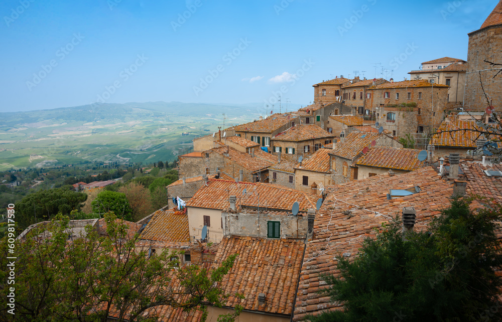 Characteristic terracotta rooftops and outlook over rural Italian landscape