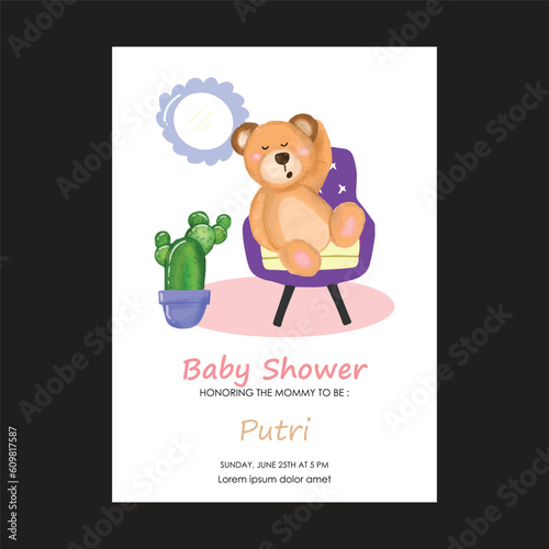 Cute baby shower watercolor invitation card for baby and kids new born celebration. elephant, bear 