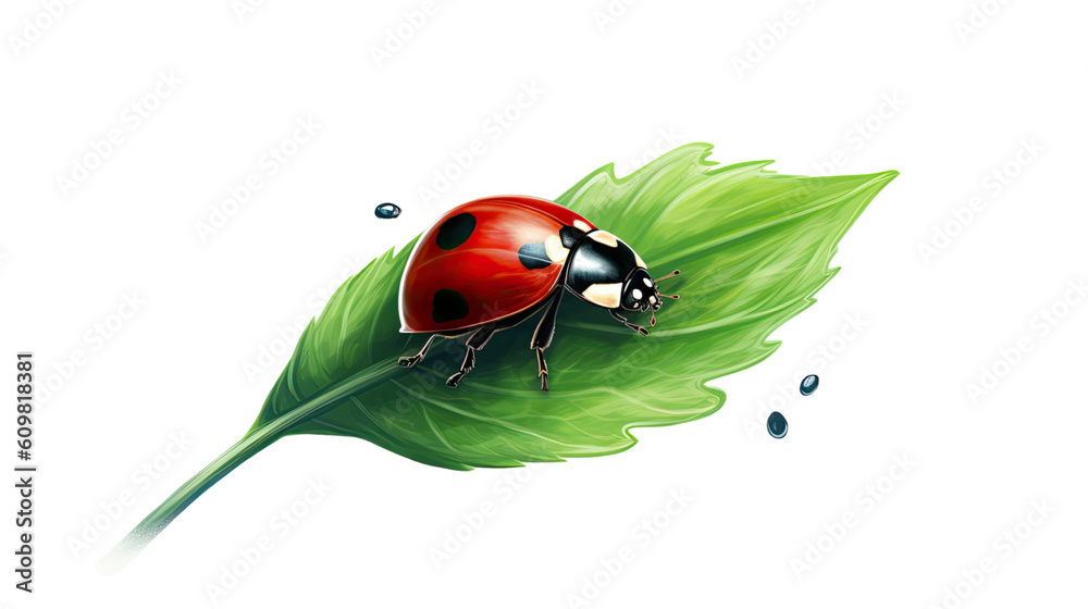Fototapeta premium charming ladybug on a leaf isolated on a transparent background for design layouts