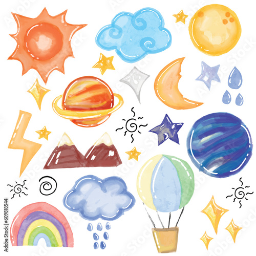 set of kawaii watercolor and cartoon weathers isolated on white background. sunshine. sunrise, cloud, planet, rain, thunder, rainbow, earth