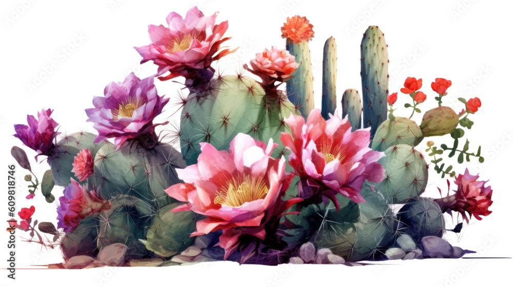 prickly cactus garden with vibrant blossoms isolated on a transparent background for design layouts