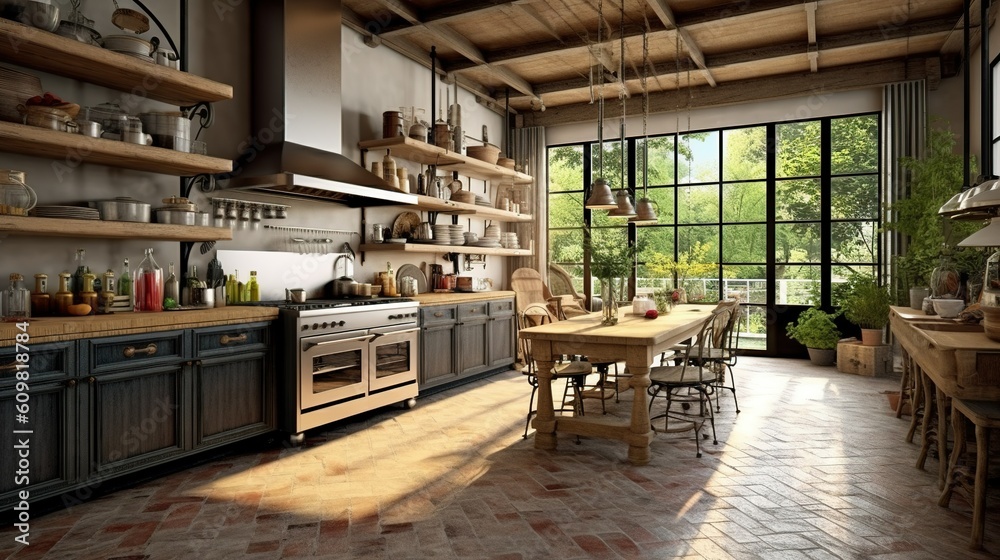 Modern interier design Scandi-Boho style wooden kitchen. Generative AI Modern interier design Scandi-Boho style wooden kitchen. Generative AI