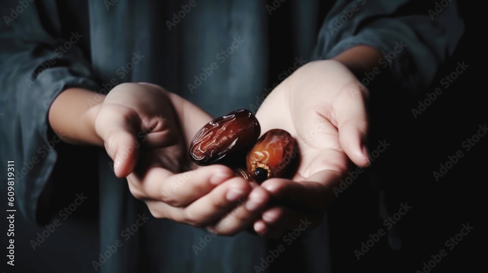 Muslim man holds dates in his hands holds them out to another. Traditional food charity for Ramadan Kareem, Mubarak, Eid-al-adha Generative AI Muslim man holds dates in his hands holds them out to another. Traditional food charity for Ramadan Kareem, Mubarak, Eid-al-adha Generative AI