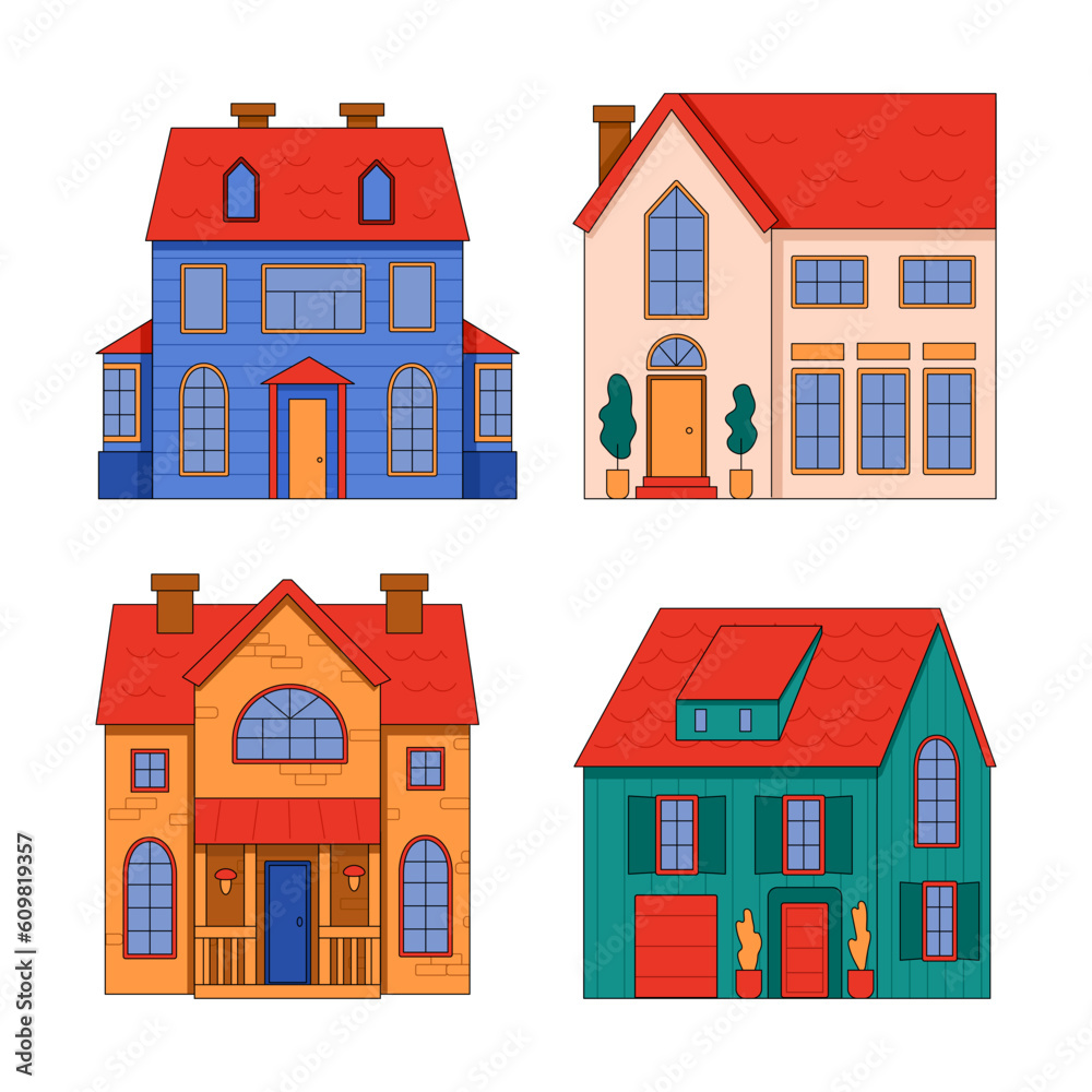 Four low-rise buildings of different configurations. Private housing in a residential area. Elements of the urban environment. Vector illustration. cartoon style. Isolated on white background.