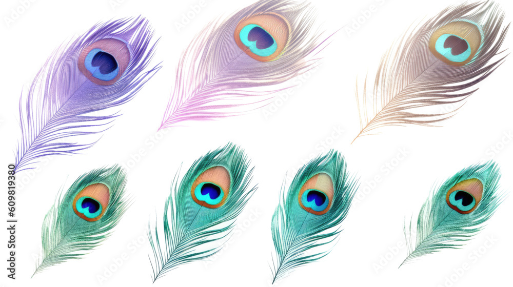 Obraz premium radiant peacock feathers with iridescent hues isolated on a transparent background for design layouts