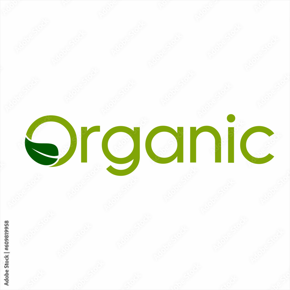 Organic word design with leaf symbol on letter O. Organic word design with leaf symbol on letter O.