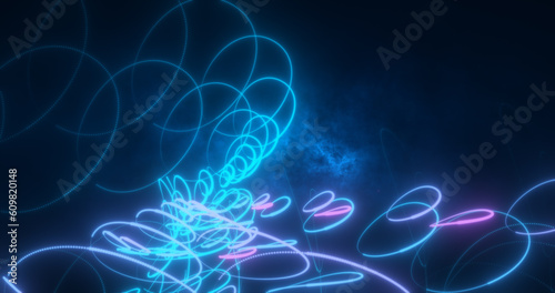 Abstract blue and purple glowing neon lines and circles energy laser flying on a black background