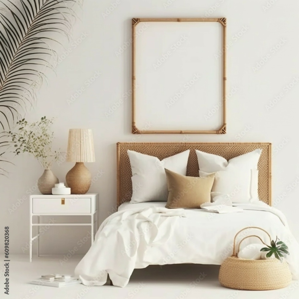 Naklejka premium Home mockup bedroom interior background with rattan generative Ai
