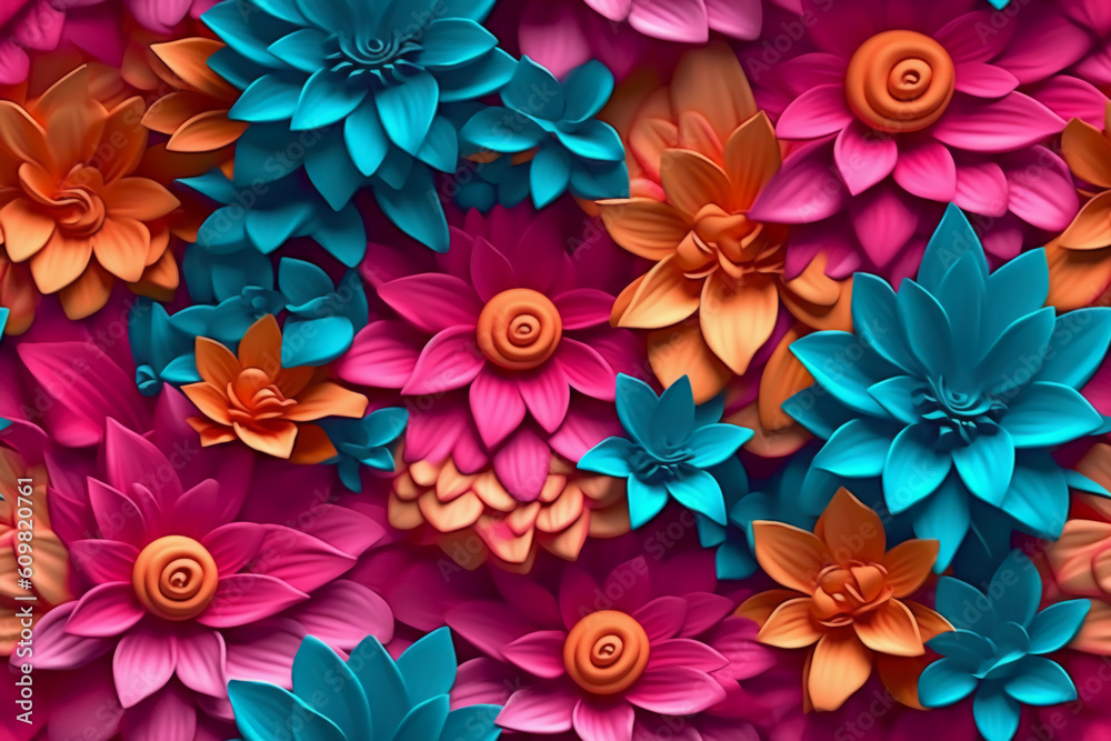 Beautiful 3D colorful flowers, fuchsia teal orange flowers color. AI generative