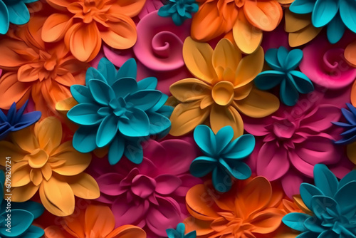 Beautiful 3D colorful flowers  fuchsia teal orange flowers color. AI generative