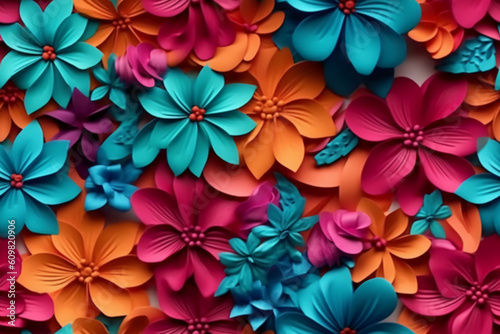 Beautiful 3D colorful flowers  fuchsia teal orange flowers color. AI generative