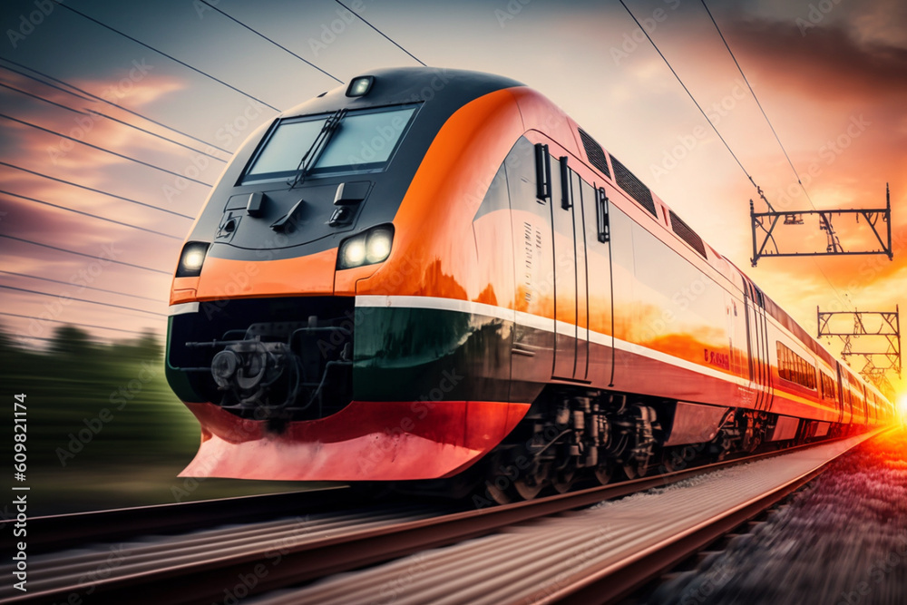touch of artistic motion blur, a high-speed train effortlessly zooms past the railway station during the golden hour of sunset. The modern intercity train commercial transportation. Generative AI. touch of artistic motion blur, a high-speed train effortlessly zooms past the railway station during the golden hour of sunset. The modern intercity train commercial transportation. Generative AI.