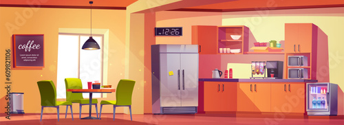 Office kitchen and break room interior vector background with table, chair and coffee machine. Cartoon illustration of canteen with selfservice. Modern company dining and lunch area for snack and meal