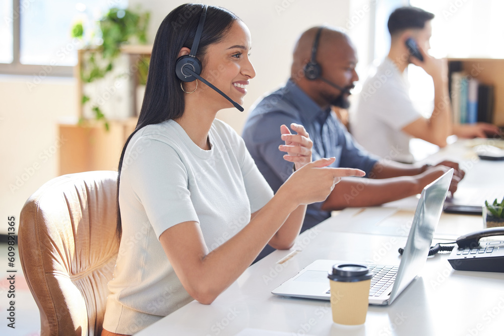 Obraz premium Customer service, contact us or support with consultant people at work in an office for assistance. Call center, crm or communication with a female consulting via headset technology for telemarketing