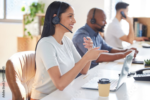 Customer service, contact us or support with consultant people at work in an office for assistance. Call center, crm or communication with a female consulting via headset technology for telemarketing