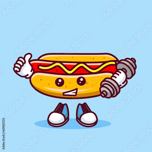 Vector illustration of kawaii hot dog cartoon character with barbell. Vector eps 10