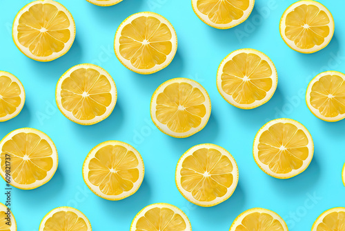 Trendy sunlight Summer pattern made with yellow lemon slice on bright light blue background. Minimal summer concept. AI generate