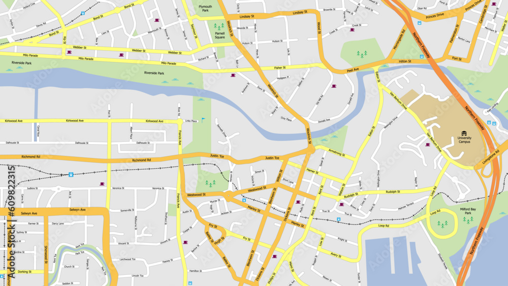 Obraz premium Fictitious generic street map. Urban and residential area with parks, waterways, railway, motorway or freeway, road names and places of interest.