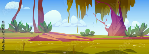 Dangerous swamp in summer forest. Vector cartoon illustration of lake with dirty green water, stones on ground under trees, birds flying in blue sky with clouds. Adventure game landscape