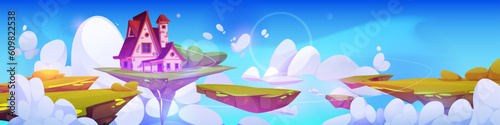 Floating island with house and green garden. Vector cartoon illustration of pieces of land flying in blue sky with clouds, cozy home building with chimney, windows and porch. Adventure game platforms