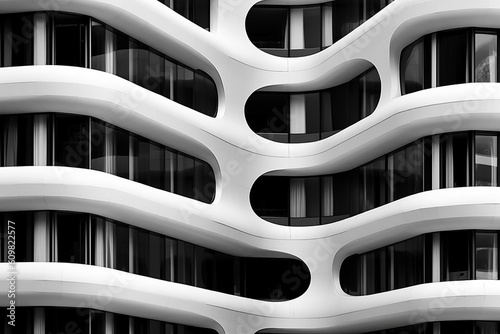 A black and white image of a building with windows - Generative AI