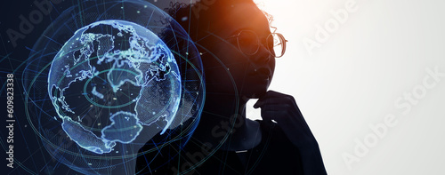 Profile silhouette of thinking black woman and global communication network concept. Deep learning. IoT (Internet of Things). ICT (Information Communication Technology). photo