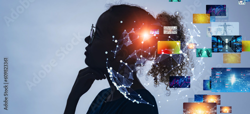 Foto Mixed media of profile silhouette of thinking black woman and visual screens concept