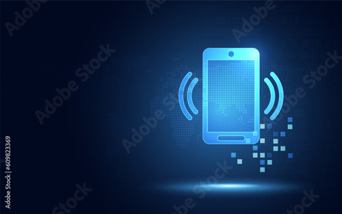 Futuristic Smartphone ringing blue digital transformation abstract technology background. Innovative technology and gadget concept. Vector illustration