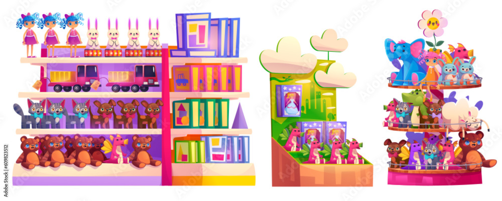 Kid toy shop interior shelf game vector cartoon illustration. Baby gift in store carousel shelves. Happy teddy bear, elephant, car and plush bunny to order from market for children in kindergarten.