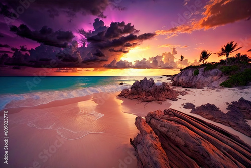 Stunning sunset. Vibrant sunset descending on the horizon  colorful sea   small waves gently touching the sands  amazing clouds on sky.  