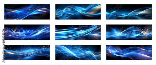 Abstract BlueWave Technology mobile, web banners set. Global cyber network curves concept, blue lines connectivity design for wireless WIFI connection technology or twitter news. Generative AI photo