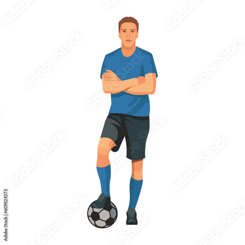 Isolated figure of football player in blue equipment stands upright with his foot on the ball