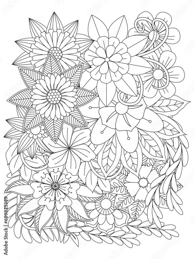 Black and white flower pattern for coloring. Doodle floral drawing. For adult and kids