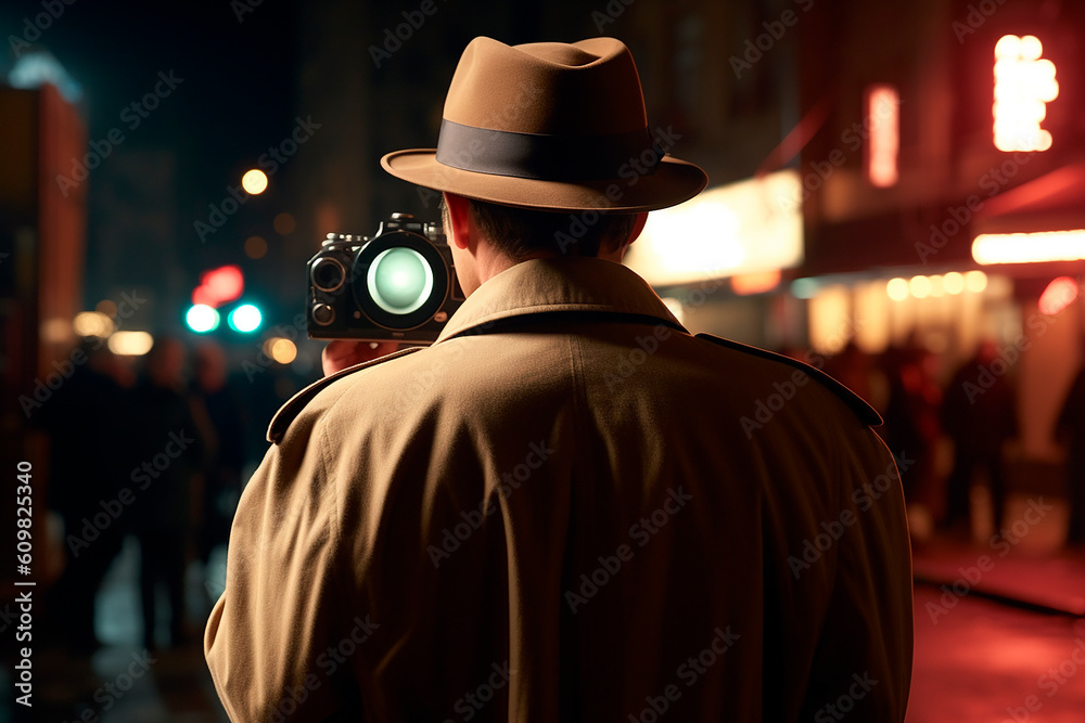 Obraz premium generative ai illustration of detective from behind, cannot see his face