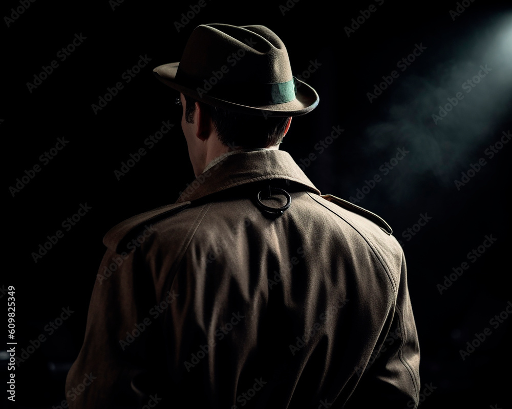generative ai illustration of detective from behind, cannot see his face