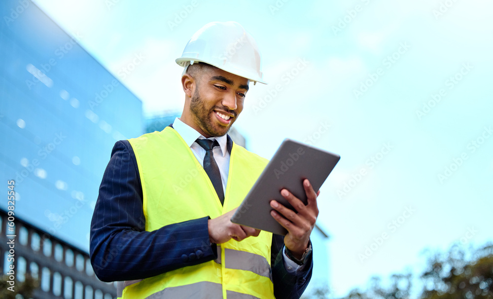 Research, tablet and a man construction worker in a city for planning, building or architectural design. Blue sky, technology and a male architect online in an urban town during the creative process Research, tablet and a man construction worker in a city for planning, building or architectural design. Blue sky, technology and a male architect online in an urban town during the creative process