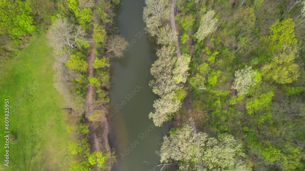 Top Down Aerial Shot Over River in Prater Park Vienna, Austria Top Down Aerial Shot Over River in Prater Park Vienna, Austria